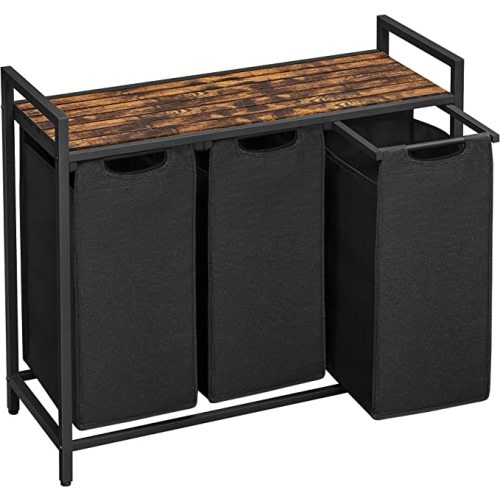 VASAGLE Laundry Hamper, Laundry Basket, Laundry Sorter with 3 Pull-Out and Removable Bags, Shelf, Metal Frame, 3 x 10.6 Gallons (40 L), 36.4 x 13 x 28.4 Inches, Ink Black and Rustic Brown UBLH301B01