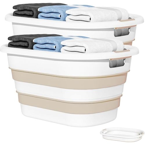 43L(11.5Gallon) Collapsible Laundry Baskets plastic, Pop Up Laundry hamper/Storage Container, Foldable Laundry Basket with Large Capacity,Sturdy,Space Saver (Beige, 2 Packs)