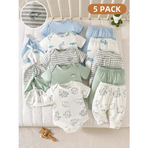 SHEIN 5pcs/Set Newborn Baby Unisex Cute Outfit: Romper + Pants + Hat, Summer Baby Striped Outfit Baby Unisex Clothes Sets Baby Boys Set Newborn Baby Layette Set Neutral Baby Clothes Unisex Cozy Baby Boys Set Baby Boy Clothes Elephants Baby Boy Animal Prin