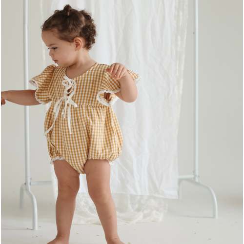 Mustard Gingham Flutter Sleeve Romper – Blossom and Pear