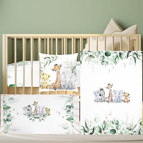 Baby Safari Animals Crib Bedding Set 3 Pcs Crib Set Baby Blanket, Fitted Sheet, Pillowcase Soft Flannel Nursery Bedding for Standard Infant Bed and Toddler Mattress Newborns Gifts