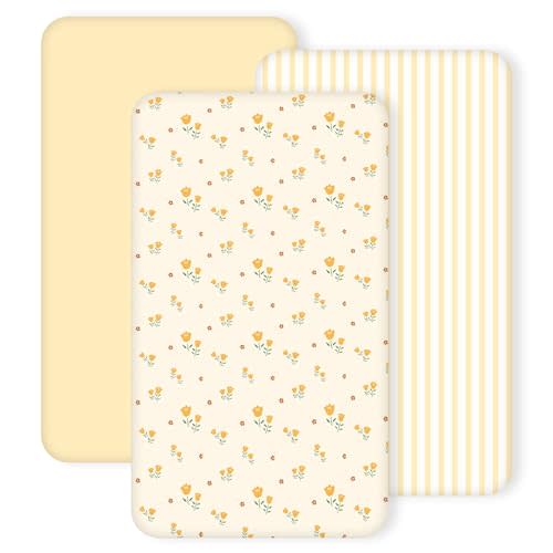 3 Pack Crib Sheets for Girls – Fitted Crib Sheets for Standard Crib Mattress and Toddler Mattress, Ultra Soft Breathable Washable Polyester, 28x52inch, Yellow & Flower