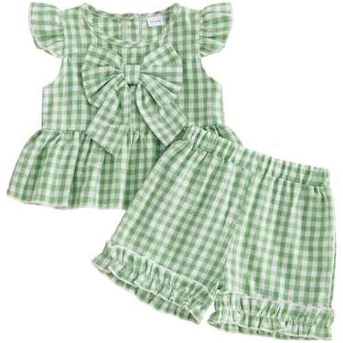 Toddler Baby Girl Summer Outfits Plaid Sleeveless Vest Tank Top Ruffles Shorts Infant Gingham Clothes Set 0-4T