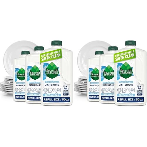 Seventh Generation Dish Soap Refill, Free & Clear, 50 fl oz, 3 Pack, Plant-Based Dishwashing Liquid for Grease & Tough Food Messes, For Sensitive Skin