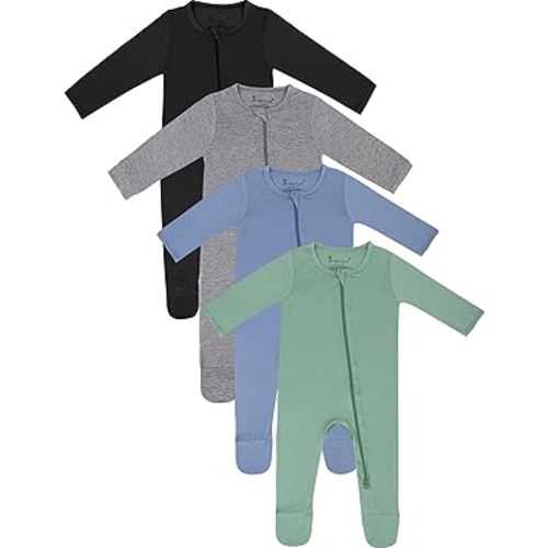 Jimonda Baby Boy Romper 4-Pack - Bamboo Zip-Up Pajamas for 0-24 Months,Unisex Footed Sleepers,Ultra-Soft Stretchy Fabric