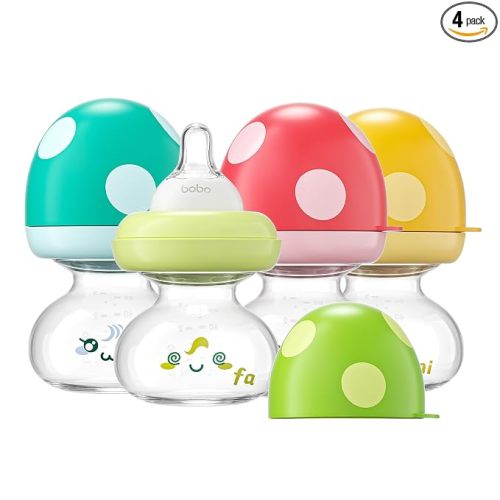 YOHKOH Newborn Glass Baby Bottles with Slow Flow Nipple for 0+ Months, Wide Neck Feeding Bottle, 2.7oz/80ml (Multicolour, 2.7oz (Pack of 4))