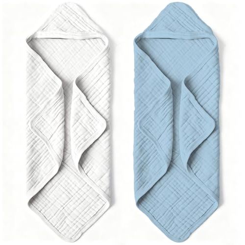 Bear Rocket Organic Muslin Hooded Baby Bath Towels - 2 Pack 100% Organic Cotton Towel for Babies, Infants, Toddlers - 32x32Inch - Highly Absorbent and Newborn Essential(Grey Blue)