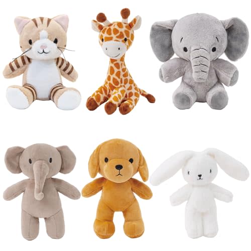 AmyToo 6 Pcs Stuffed Animals Bulk, 8 Inch Small Stuffed Safari Animals, Zoo Stuffed Animals Set (Cat Dog Elephants Giraffe Bunny) Baby Shower Party Decor, Easter Gift for Classroom Kids, Teens, Girls