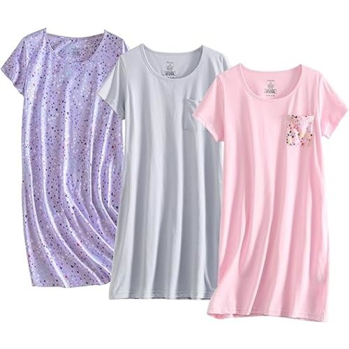 PNAEONG 3 Pack Women's Cotton Nightgown Sleepwear Short Sleeves Shirt Casual Print Sleepdress