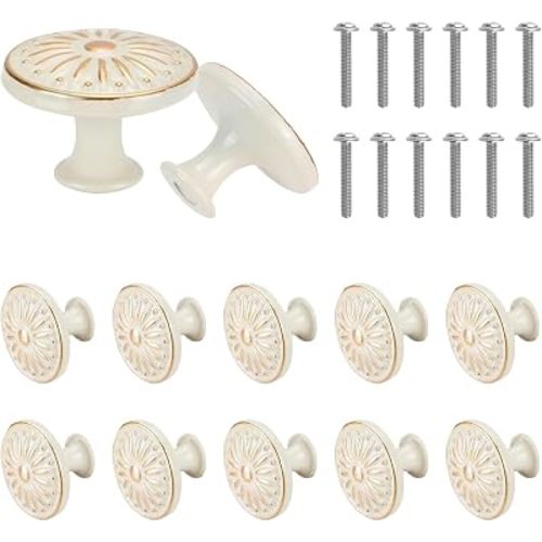 12PCS Antique Cabinet Knobs with Screws, Vintage Flower Pattern Round Kitchen Cupboard Handles 1.18'' Drawer Knobs Retro Bronze Cabinet Pull Handles for Wardrobe Door