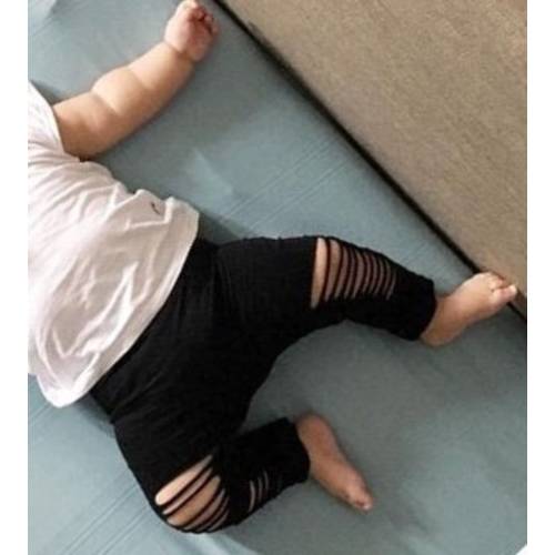 ripped baby toddler leggings, edgy baby clothes, trendy distressed black leggings, shredded & slashed black stretch pants, destroyed legging