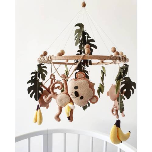 Baby mobile, baby monkey mobile, felt hanging crib mobile newborn baby shower gift