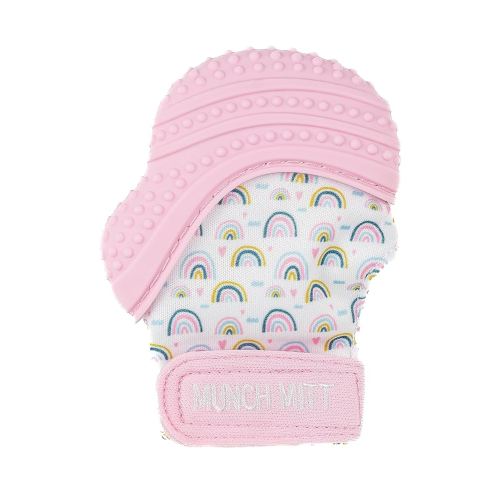 Malarkey Kids Patented Teething Mitten, Munch Mitt Baby Chew Toy - Protects Hands from Chewing & Saliva, Heals Aching Gums, Promotes Sound & Visual Stimulation for Babies - Pink Rainbow