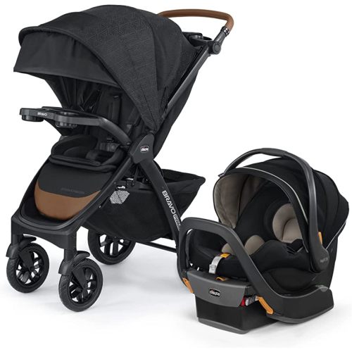 Chicco Bravo Primo Trio Travel System, Bravo Primo Quick-Fold Stroller with Chicco KeyFit 35 Zip Extended-Use Infant Car Seat, Car Seat and Stroller Combo | Springhill/Black
