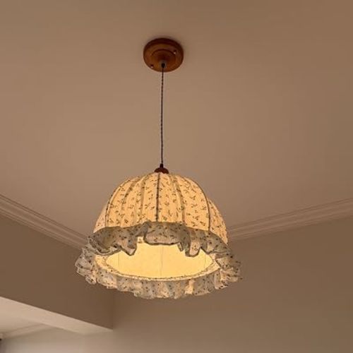 French Country Floral Fabric Pendant Light, 16.5" Vintage Ruffled Pleated Hanging Lamp with Wooden Canopy, Cream Style Ceiling Suspension Lighting for Bedroom Dining Room(Floral Cream)