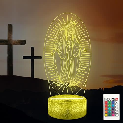 Virgin Mary Catholic Gift Night Light, Guadalupe 3D lllusion Lamp, Mothers Day Religions Gifts for Women Believers Mom, 16 Color Changing+Remote Control