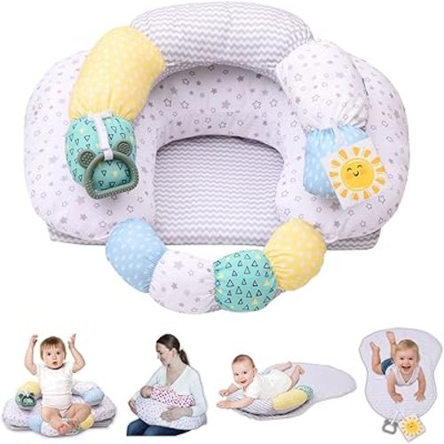 4-in-1 Tummy Time & Nursing Pillow with High, Firm, Large Area, Detachable Seated Support Cushion, Removable and Machine Washable Slipcovers, Baby Play Mat and Toys 0-24 Months