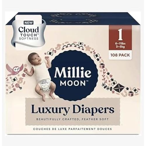 Millie Moon Luxury Diapers, Size 1 Cloud Touch Softness, Feather Soft, (100 Diapers)