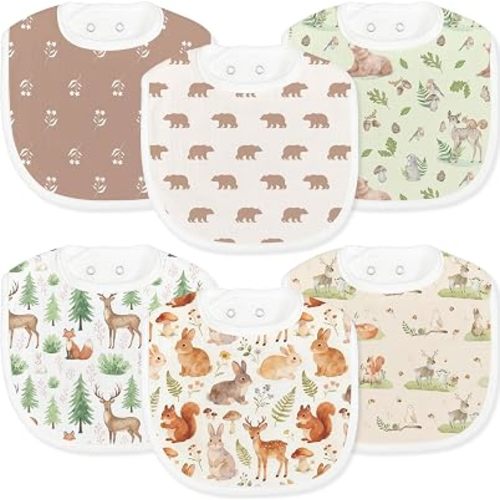 6-Pack Baby Muslin Drool Bibs Woodland Animal Baby Bibs Soft Cotton Infants Teething Bibs Absorbent Adjustable Snap Drooling Feeding Bib for Newborns Infant Toddlers Boho Bear Deer Fox Forest Print