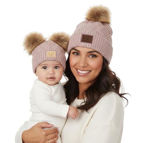 Funky Junque Mommy & Me Double Pom Beanies – Mama & Mini Matching Winter Outfits, Mom & Infant Baby Girl Beanie Hat Set