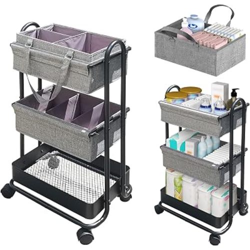 2In1 Baby Diaper Caddy Organizer with Dividers,3-Tier Diaper Rolling Cart,Mobile Metal Utility Cart for Baby Nursery,Baby Bedside Cart, Large Capacity Black
