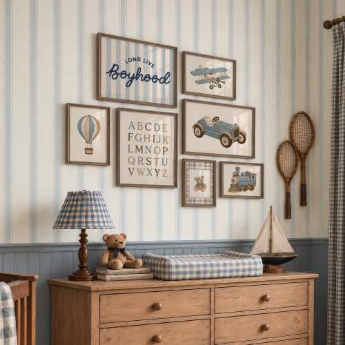 Boy Nursery Wall Art Set: Vintage Toys & Transportation PRINTABLE Baby Room Decor | Blue Boys Nursery Art (Digital Download)