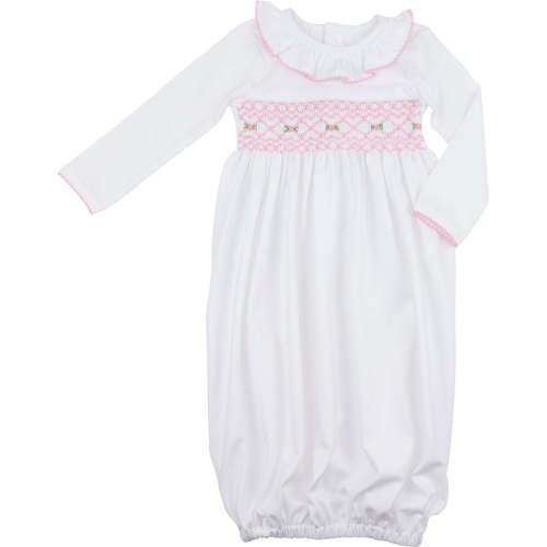 White Knit Smocked Rosette Baby Gown