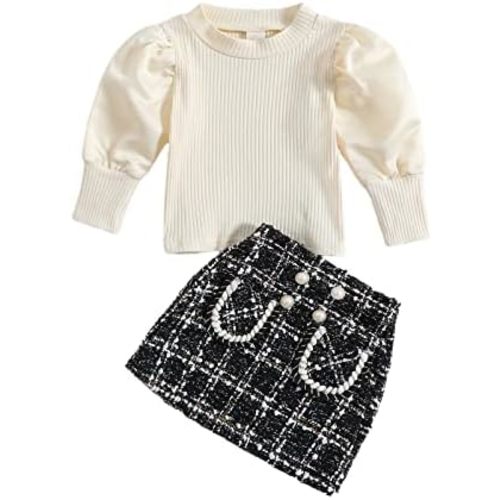 fhutpw Baby Toddler Girl Outfits Fall Winter Clothes Turtleneck Knitted Cotton Long Sleeves Tops & Button Mini Skirts Set