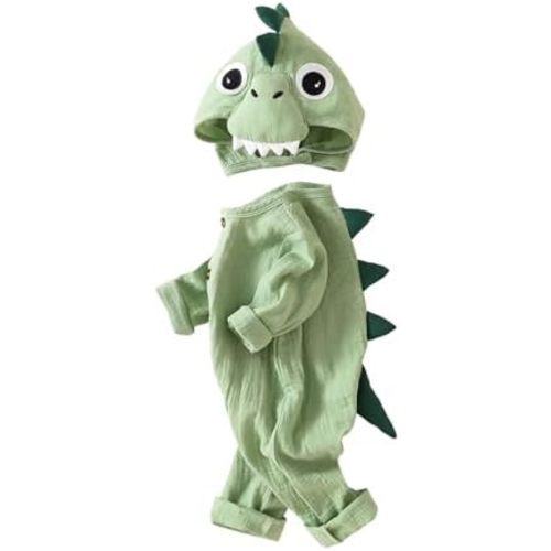 Newborn Infant Baby Boy Dinosaur Outfit Cotton Linen Long Sleeve Romper Button Down Jumpsuit Hat Fall Clothes