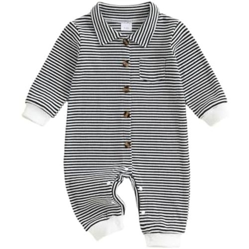 Baby Boy Stripe Romper Waffle Knit Long Sleeve Lapel Button Down Jumpsuit Bodysuit Newborn Fall Winter Outfits