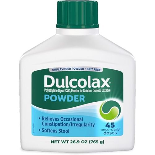 Dulcolax Laxative Powder, Gentle Constipation Relief, Stool Softener with PEG 3350, Nonstimulant Formula, No Harsh Side Effects, for Adults, Men, & Women, 45 Doses