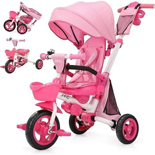 JMMD 8 in 1 Tricycle Stroller with Push Handle, Foldable Trike with 360° Swivel Seat, Reclining Backrest, All-Terrain Wheels, Dual Brakes, Canopy & Storage, Gift for Kids 18 Months to 5 Years, Pink