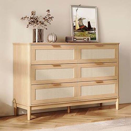 LINSY HOME Rattan Dresser for Bedroom with 6 Drawers, 47" Wide Chest of Drawers, Mid Century Modern Dresser TV Stand with Metal Handle, Wood Closet Storage Cabinet for Living Room, Hallway, Oak
