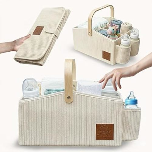 Diaper Caddy Organizer With Portable Changing Mat, LED Night Light, Wooden Handle & Shoulder Strap - Stylish Nursery Basket With Dividers - Newborn Essentials