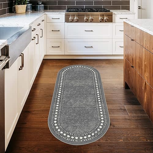 Antep Rugs Alfombras Modern Bordered 2x5 Non-Skid (Non-Slip) Low Profile Pile Rubber Backing Kitchen Area Rugs (Gray, 2' x 5' Oval)