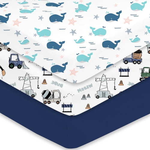 Little Grape Land Crib Sheets 3 Pack for Baby Boys Girls, Soft Breathable Fitted Sheets Fit 52" x 28" Crib & Toddler Mattresses, Whale