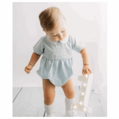 Classic Baby Boys Dedication Outfit - Blue Personalized Bubble Romper - Hiccups Children's Boutique