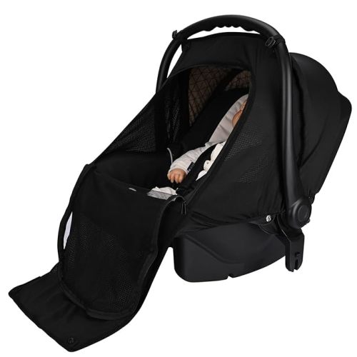 Bebamour Baby Car Seat Cover for Summer Lightweight Car Seat Cover for Boys Girls Breathable Infant Car Seat Cover Canopy (New Black)