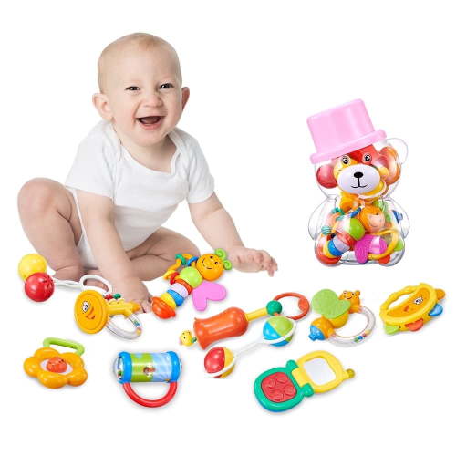 GOODWAY Baby Toys 0-6 Months, Infant 3-6 month toys,10 Pcs Grab Shaker Rattle, Sensory Fine Motor Skill Development Gift Set for 2 3 4 5 9 Month Boy Girl