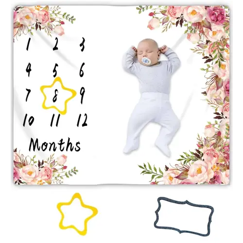 Milestone Blanket, Floral Print, 100% Fleece, Single Layered, 48x40 inches, White, Unisex, Winter, Photography, Baby Care, Indoor Use