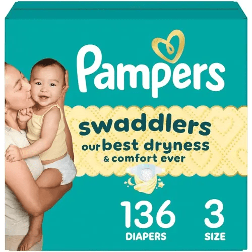 Pampers Swaddlers Diapers, Size 3 (13-26 lbs), 136 Count, Absorbent, Keeps Baby Dry and Comfortable, Skin Safe Disposable Baby Diaper (Packaging May Vary)