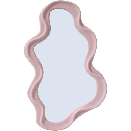 JDPEYI Funky Small Decorative Wall Mirror - Pink Asymmetrical Wavy Design,Hanging Mirror for Bedroom, Bathroom Entryway Modern Irregular Squiggly Shape,Compact Size, Easy Install