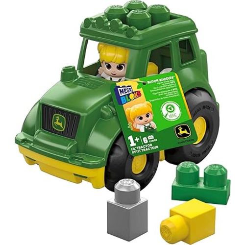 MEGA BLOKS John Deere Toddler Building Blocks Toy Set, Lil’ Tractor with 6 Pieces and Storage, 1 Figure, Green , Ages 1+ Years