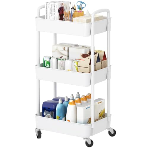 Laiensia 3-Tier Rolling Cart with Wheels,Multifunction Utility Storage Carts, Kitchen Storage Organizer,Mobile Shelving Unit for Bathroom,Laundry,with Classified Stickers,White