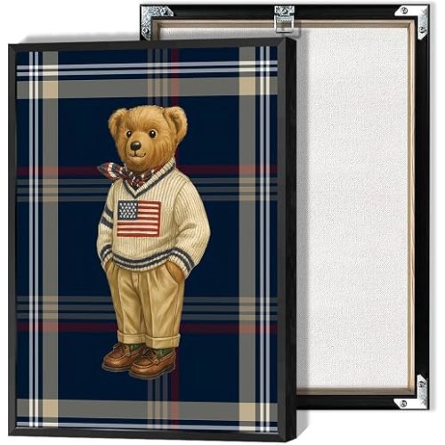 Retro Teddy Bear Poster Gentleman Bear in a Sweater Canvas Wall Art Minimalist Abstract Animal Tartan Magazine Prints Painting For Living Room Apartment Nursery Wall Decor 12x16in Unframed