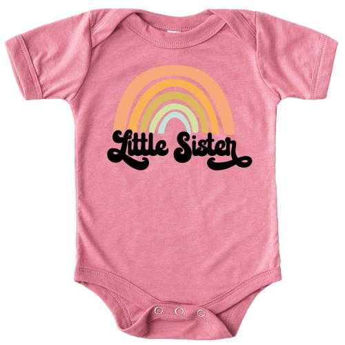 Retro Rainbow Little Sister Sibling Reveal Announcement Bodysuit for Baby Girls Sibling Outfits Black on Mauve Bodysuit Newborn