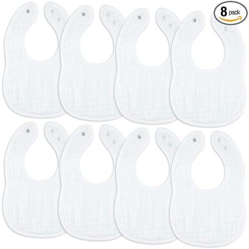 Comfy Cubs Muslin Bibs for Babies, Pack of 8 - Soft and Highly Absorbent, Feeding, Drool and Teething Bib, Adjustable Snaps - Stylish & Colorful Unisex Designs, Giftable Set - White
