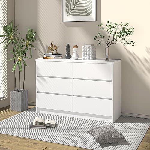 furtble 6 Drawer Dresser for Bedroom, Modern White Chest of Drawers No Handles Large Storage, Wood Dressers with Wide Drawers for Closet, Living Room, Home Office(45.5" W x13.4 Dx 30.6" H)