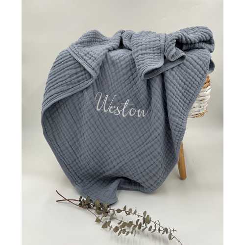 Gauze Blanket with Name, Personalized Swaddle, 6 layers Muslin,  Cotton Muslin Swaddle, Muslin Blanket, Monogram, Embroidery Dusty Blue Sage