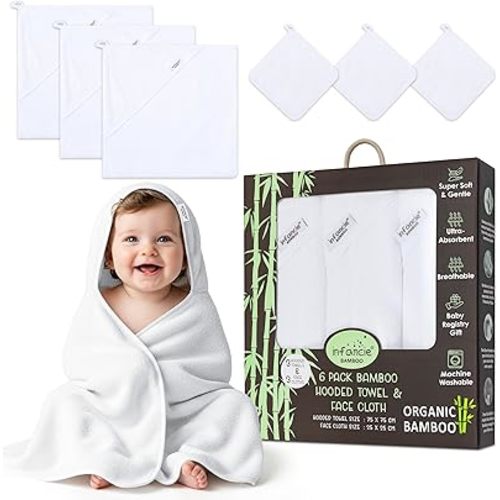 Bamboo Hooded Baby Towel with Face Cloth – 3 Hooded Towels (29x29 inches) & 3 Washcloths (9x9 inches) – Ultra Soft, Absorbent & Cozy Bath Set for Newborns and Infants